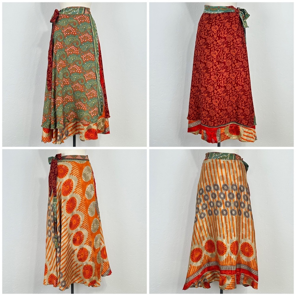 Boho Hippie Sari Magic Wrap Skirt One Size Paisley Floral Reversible Multicolor